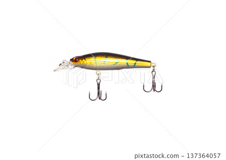 Fishing wobbler bait for predator fish isolated on white background. Artificial lure with sharp treble hooks for angling sport activity. 137364057
