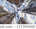 Dramatic upward view of New York City skyscrapers forming urban canyon with cloudy sky 137364088