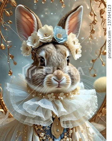 戴著花冠的兔子新娘肖像，浪漫的背景以藍色點綴。 137364123