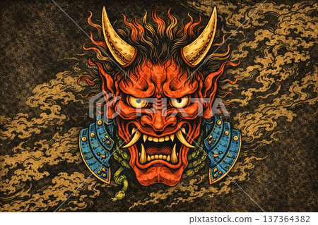 勇敢的紅色惡魔面具 浮世繪風格插畫 傳統日本護身符與武器裝飾品 137364382