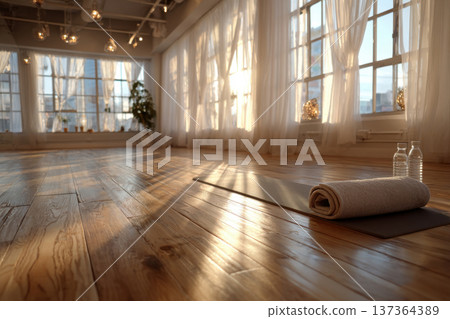 A spacious, bright studio with wooden floors, gym mats and water is flooded with sunlight. dance or yoga studio 137364389