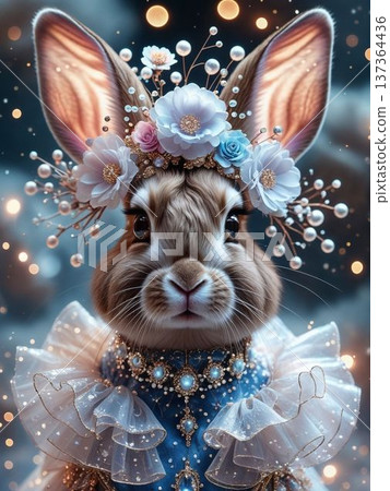 Bridal portrait of a rabbit wearing a flower crown against a fantastical background of sparkling blue and gold 137364436