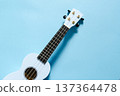 Light blue soprano ukulele on a matching blue background flat lay 137364478