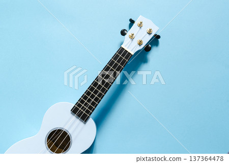 Light blue soprano ukulele on a matching blue background flat lay Light blue soprano ukulele on a matching blue background flat lay 137364478