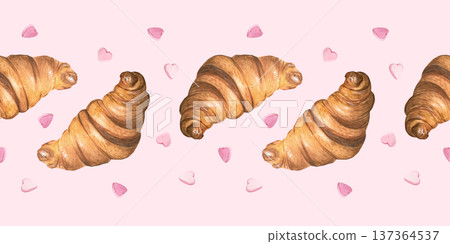 A seamless border featuring a French croissant and hearts. This romantic pastry is hand-painted in watercolor on a pink background. Suitable for print, packaging, fabric, and menus. A seamless border featuring a French croissant and hearts. This romantic pastry is hand-painted in watercolor on a pink background. Suitable for print, packaging, fabric, and menus. 137364537