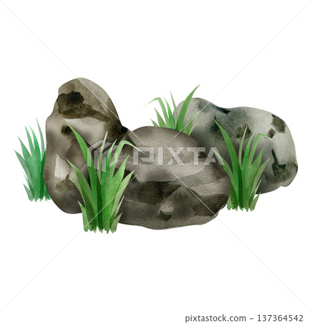 Hand drawn watercolor illustration of grey forest stones and vibrant green grass tufts. This natural landscape element is perfect for garden designs, eco friendly branding, and outdoor themed 137364542