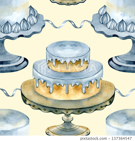 Hand drawn watercolor seamless pattern featuring elegant two-tiered cakes on vintage stands. The design includes blue glazed desserts and meringue decorations, perfect for festive textiles and gift Hand drawn watercolor seamless pattern featuring elegant two-tiered cakes on vintage stands. The design includes blue glazed desserts and meringue decorations, perfect for festive textiles and gift 137364547