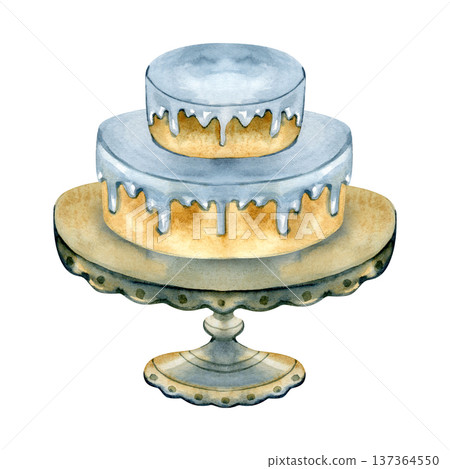 Hand-painted watercolor illustration of a two-tiered celebration cake with dripping light blue icing on an elegant vintage cake stand. A charming culinary element perfect for wedding stationery Hand-painted watercolor illustration of a two-tiered celebration cake with dripping light blue icing on an elegant vintage cake stand. A charming culinary element perfect for wedding stationery 137364550