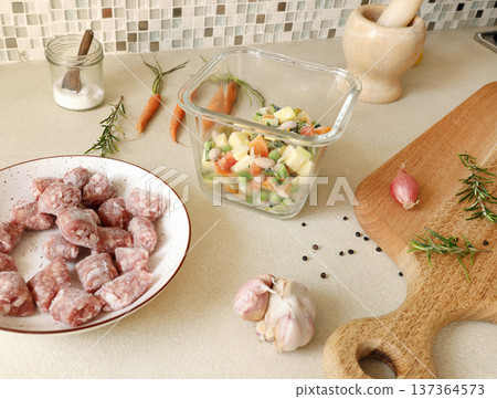 Ingredients for traditional Italian minestrone soup with vegetables and sausage. Food and healthy lifestyle. Mediterranean cuisine. 137364573