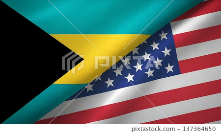 Flag of Bahamas and united state meeting visually to express political partnership and international cooperation 137364650