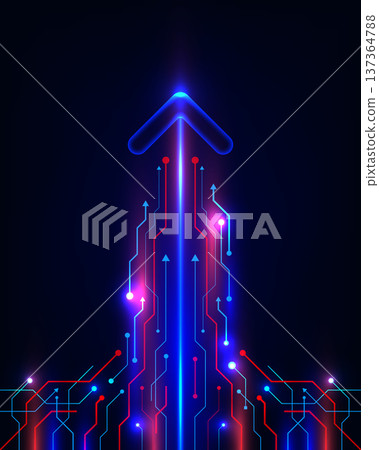 Digital growth technology background with glowing blue neon arrow rising red and blue electronic circuit board pattern for innovation and corporate success 137364788