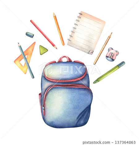 Blue backpack, pencils, ruler, eraser, felt-tip pen, notebook, sharpener. Hand-painted watercolor illustration isolated on white for back to school branding, education materials, posters, planners Blue backpack, pencils, ruler, eraser, felt-tip pen, notebook, sharpener. Hand-painted watercolor illustration isolated on white for back to school branding, education materials, posters, planners 137364863