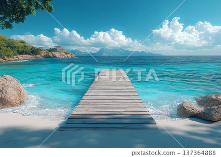 Summer activities. Tropical beach with wooden pier extending into ocean. Summer activities. Tropical beach with wooden pier extending into ocean. 137364888