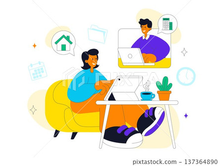 Hybrid Work Lifestyle Remote Office and Home Workspace With People Using Laptop For Online Collaboration Productivity and Digital Nomad Illustration 137364890