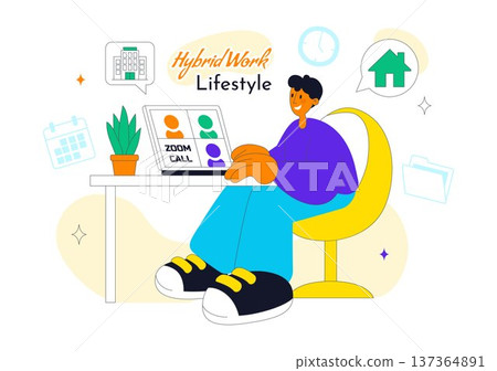 Hybrid Work Lifestyle Remote Office and Home Workspace With People Using Laptop For Online Collaboration Productivity and Digital Nomad Illustration 137364891