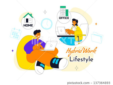 Hybrid Work Lifestyle Remote Office and Home Workspace With People Using Laptop For Online Collaboration Productivity and Digital Nomad Illustration Hybrid Work Lifestyle Remote Office and Home Workspace With People Using Laptop For Online Collaboration Productivity and Digital Nomad Illustration 137364893