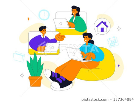 Hybrid Work Lifestyle Remote Office and Home Workspace With People Using Laptop For Online Collaboration Productivity and Digital Nomad Illustration 137364894