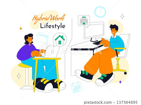Hybrid Work Lifestyle Remote Office and Home Workspace With People Using Laptop For Online Collaboration Productivity and Digital Nomad Illustration 137364895
