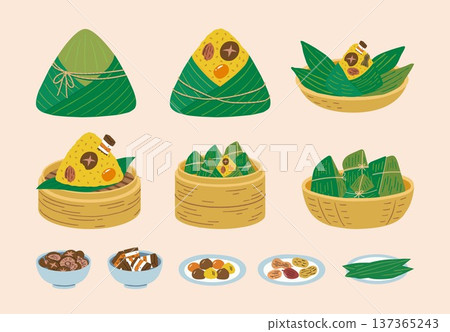 Dragon Boat Festival Zongzi and Ingredients Illustration: Sticky Rice Dumplings, Salted Egg Yolk, and Bamboo Leaves 137365243