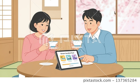 用平板電腦享受美好的早晨家庭時光 137365284