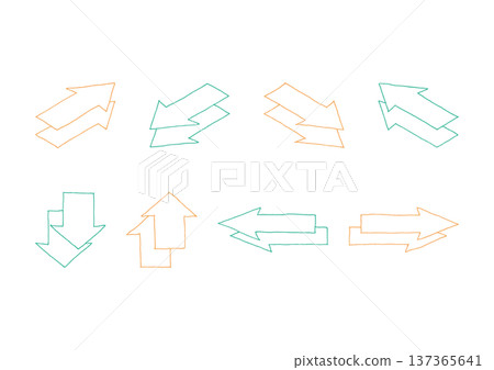 Set of hand drawn orange and green arrow line art isometric illustrations 137365641