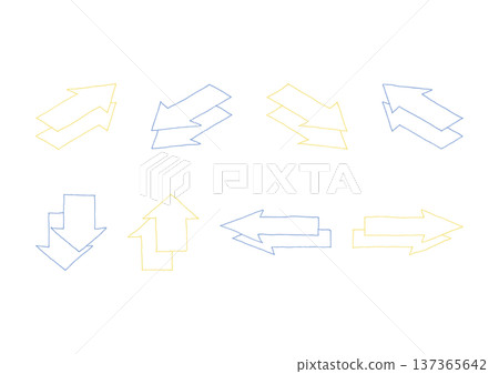 Set of hand drawn line art isometric illustrations of blue and yellow arrows Set of hand drawn line art isometric illustrations of blue and yellow arrows 137365642