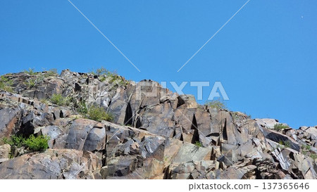 Rocky mountain landscape with blue sky and plants. Stones with petroglyphs. Rocky mountain landscape with blue sky and plants. Stones with petroglyphs. 137365646