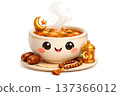 Cute cartoon bowl of steaming soup with smiling face on plate 137366012