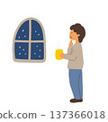 圖：一名男子手持飲料，望著窗外。 137366018