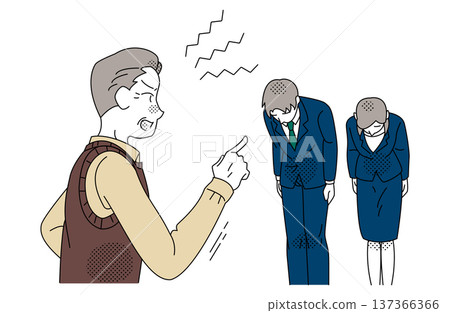 Business illustration of an employee apologizing for customer complaints and customer harassment Business illustration of an employee apologizing for customer complaints and customer harassment 137366366