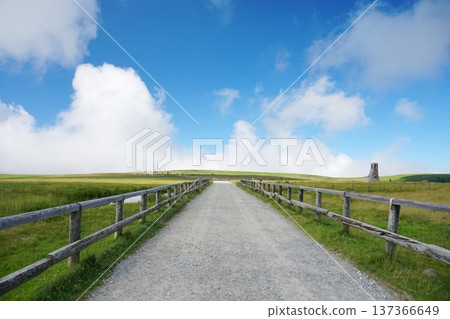 A ranch road on the vast Utsukushigahara Plateau with a blue sky filled with white clouds as a backdrop A ranch road on the vast Utsukushigahara Plateau with a blue sky filled with white clouds as a backdrop 137366649