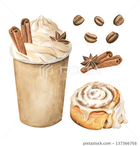 A takeaway coffee cup with whipped cream, cinnamon, and coffee beans. Cinnabon with cinnamon and vanilla cream, hand-painted in watercolor on a white background. Perfect for menus, and coffee shops. A takeaway coffee cup with whipped cream, cinnamon, and coffee beans. Cinnabon with cinnamon and vanilla cream, hand-painted in watercolor on a white background. Perfect for menus, and coffee shops. 137366708