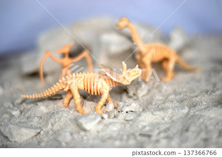 Three toy dinosaur skeletons stand on a table against the backdrop of an excavation site. 137366766