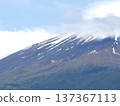 A close-up of the beautiful snow-streaked summit of Mt. Fuji and the flowing clouds 137367113
