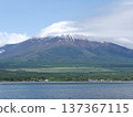 An early summer view of Mount Fuji and cap clouds over Lake Yamanaka 137367115