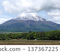 Fresh green rural landscape and Mt. Fuji with clouds covering the summit 137367225