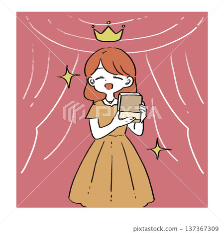 Illustration of a woman celebrating her book winning an award with a background Illustration of a woman celebrating her book winning an award with a background 137367309