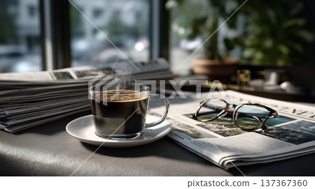 A Cozy Morning Scene with a Freshly Brewed Cup of Coffee, Newspaper, and Reading Glasses on a Table  137367360
