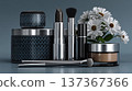 Luxurious Makeup and Skincare Products Arranged Elegantly with Fresh Daisies on a Soft Blue Backgrou 137367366