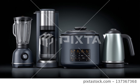Modern Kitchen Appliances Displayed in a Sleek Arrangement on a Dark Background with Multiple Functi Modern Kitchen Appliances Displayed in a Sleek Arrangement on a Dark Background with Multiple Functi 137367368