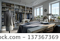 Stylish Tailoring Studio with Elegant Fashion Displays and Shelving, Featuring Sewing Machines and Q 137367369
