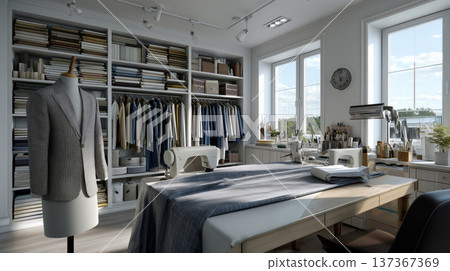 Stylish Tailoring Studio with Elegant Fashion Displays and Shelving, Featuring Sewing Machines and Q Stylish Tailoring Studio with Elegant Fashion Displays and Shelving, Featuring Sewing Machines and Q 137367369