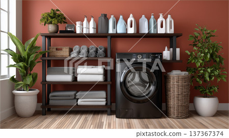 Modern Laundry Room Setup with Black Washing Machine, Organized Shelving, and Plants Against a Warm Modern Laundry Room Setup with Black Washing Machine, Organized Shelving, and Plants Against a Warm 137367374