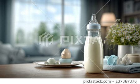 Stylish Baby Bottle on a Wooden Table Surrounded by Soft Furniture and Decorative Elements in A Cozy 137367376
