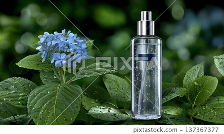 Hydrating Facial Mist Bottle on Fresh Green Leaves and Blue Hydrangea Flowers with Water Droplets in 137367377