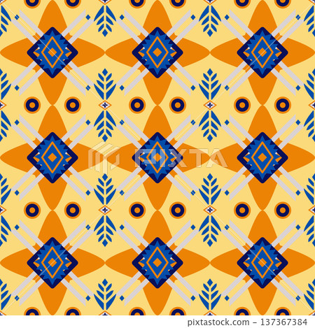 Geometric Ethnic Seamless Pattern with Tribal Diamond Motifs on Yellow Background Geometric Ethnic Seamless Pattern with Tribal Diamond Motifs on Yellow Background 137367384