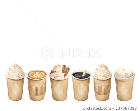 Cappuccino, espresso, Americano, frappe, and mocha in a watercolor set. Vintage-style takeaway coffee on a white background. Perfect for menus, coffee shops, and print. Cappuccino, espresso, Americano, frappe, and mocha in a watercolor set. Vintage-style takeaway coffee on a white background. Perfect for menus, coffee shops, and print. 137367388