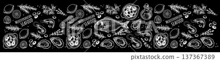 Black chalkboard banner featuring hand drawn seafood illustrations and typography Black chalkboard banner featuring hand drawn seafood illustrations and typography 137367389