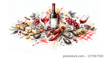 Artistic Gourmet Seafood Platter with Lobster Mussels Cheese and Red Wine Bottles in Sketch Style 137367392