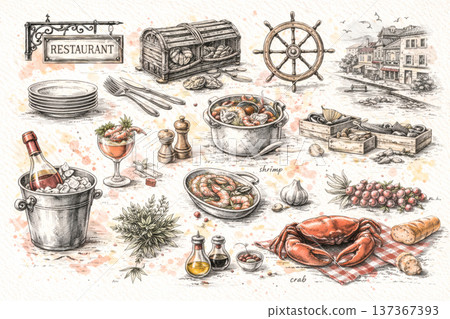Nautical Theme Restaurant Menu Illustration with Seafood Pot Crab Lobster Wine and Seaside Town View 137367393